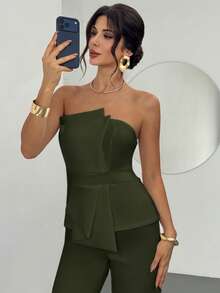 Firerie Summer Army Green Elegant Party Asymmetrical Strapless High-Waisted Jumpsuit,Refined Minimalist Chic For Weddings,Festivals & Dates - Army Green - View 5