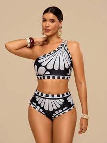 Travachic Plus Size Tropical Print Hollow-Out Detail Halter Bikini Set, Casual Beach Vacation Summer Plus Size Bathing Suits Women - Black - View 8