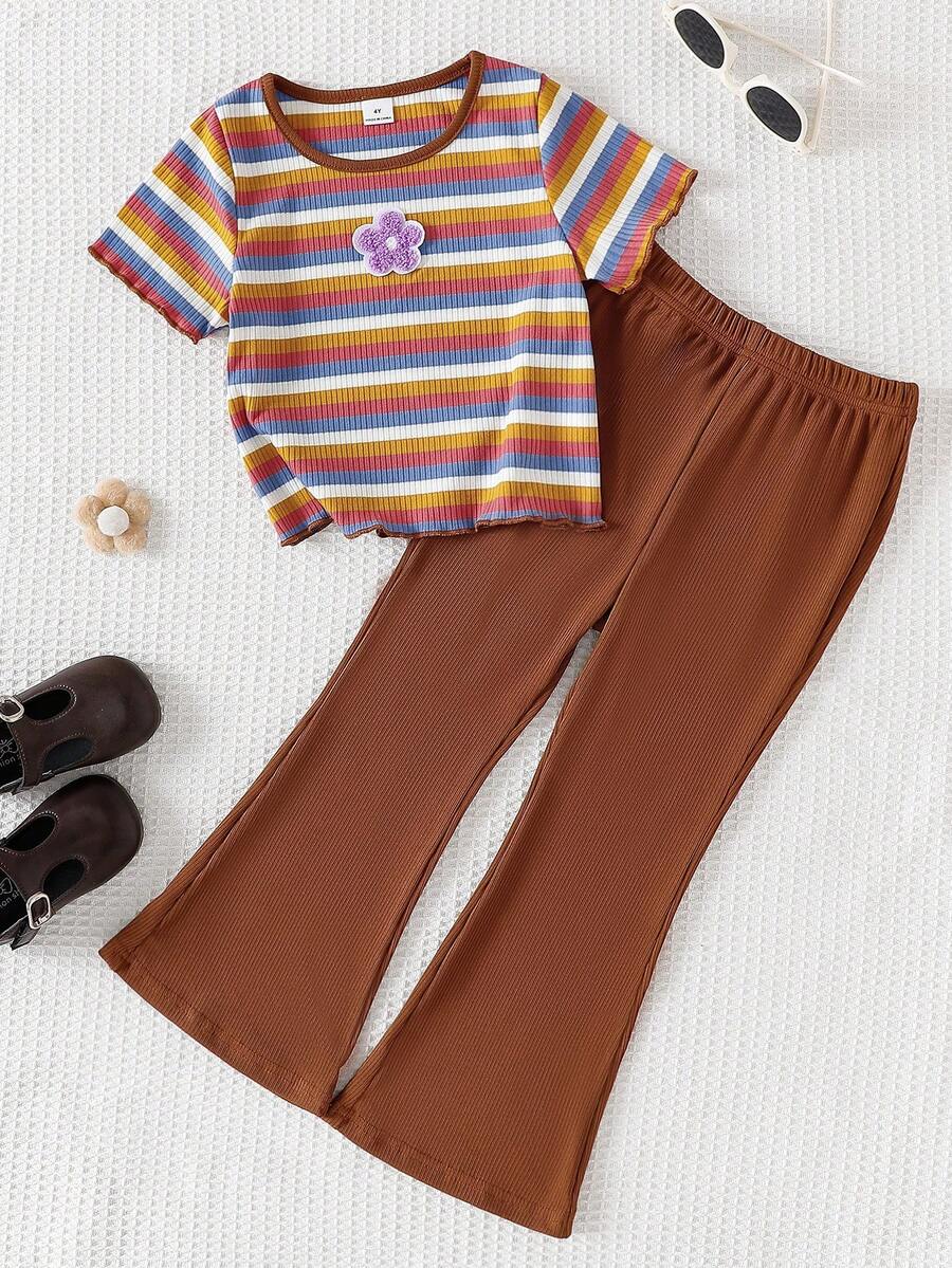 Genkimix Kids Young Girl' Cute Vacation Colorful Striped Purple Embroidered Rib Flare Pants Set - Brown - View 1
