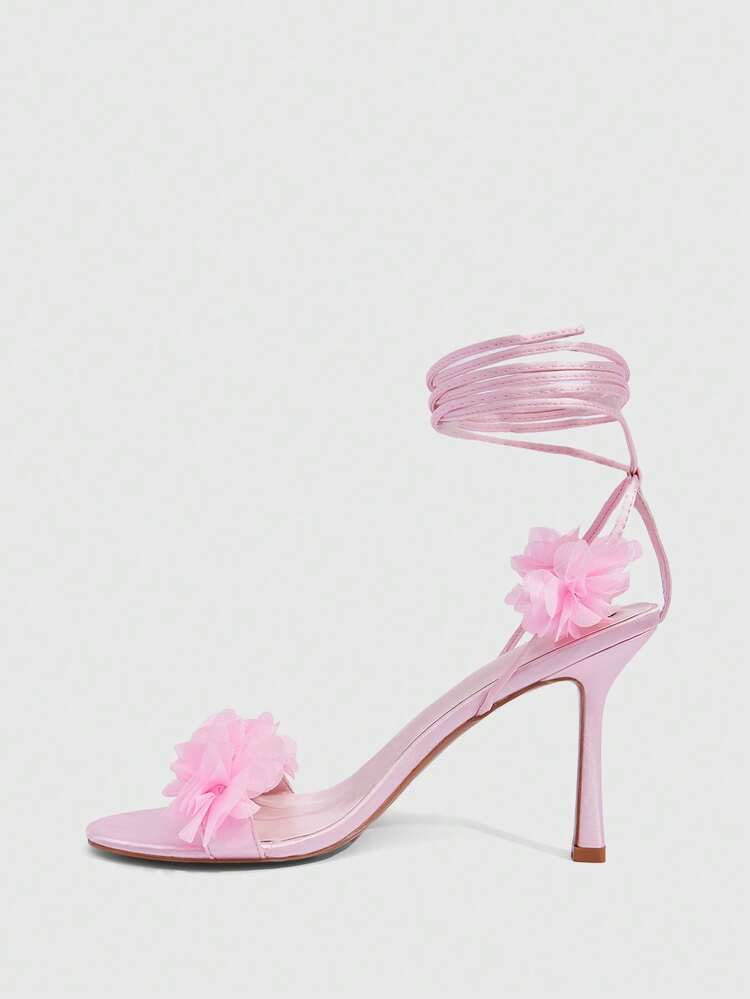 CUCCOO SZL Women Shoes Pink Satin Satin Bouquet Decoration Fashion Sexy Wedding Strap Round Toe High Heel Sandals Prom Heels Summer Shoes