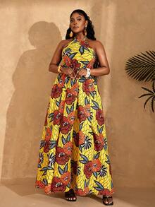 Lunelith SHEIN Lunessa Vacation & Date Ankara Floral Print Dress, Spaghetti Strap, Backless, Waist Cinched, Flowing Dress - Yellow - View 3