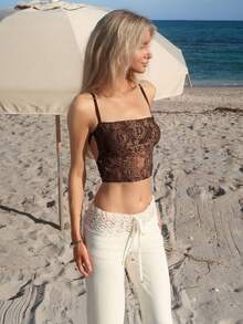 Sydney Algeri 浪漫系领露背蕾丝白色吊带背心（女士款） - 棕色 - 查看 3