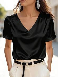 EMERY ROSE Women's Fashion Solid Color V-Neck Short Sleeve Satin T-Shirt - Black - View 3