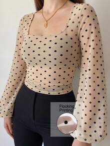 INAWLY Áo thun nữ kiểu retro lưới chấm bi cổ vuông tay phồng ôm sát gợi cảm - Màu be - Xem 1