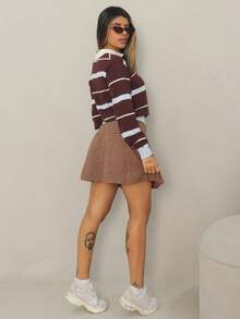 Rayane Ketlyn 女式秋冬学院风马球领撞色条纹棕蓝宽松针织毛衣 - 彩色 - 查看 5