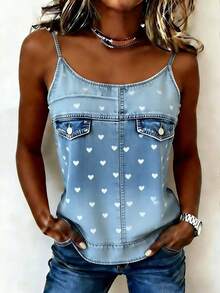 EMERY ROSE New Arrival Heart & Denim Print Slim Fit Cropped Camisole For Women - Blue - View 3