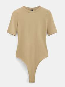 SHEIN BASICS 素色圓領T恤連體衣 - 卡其色 - 查看 1