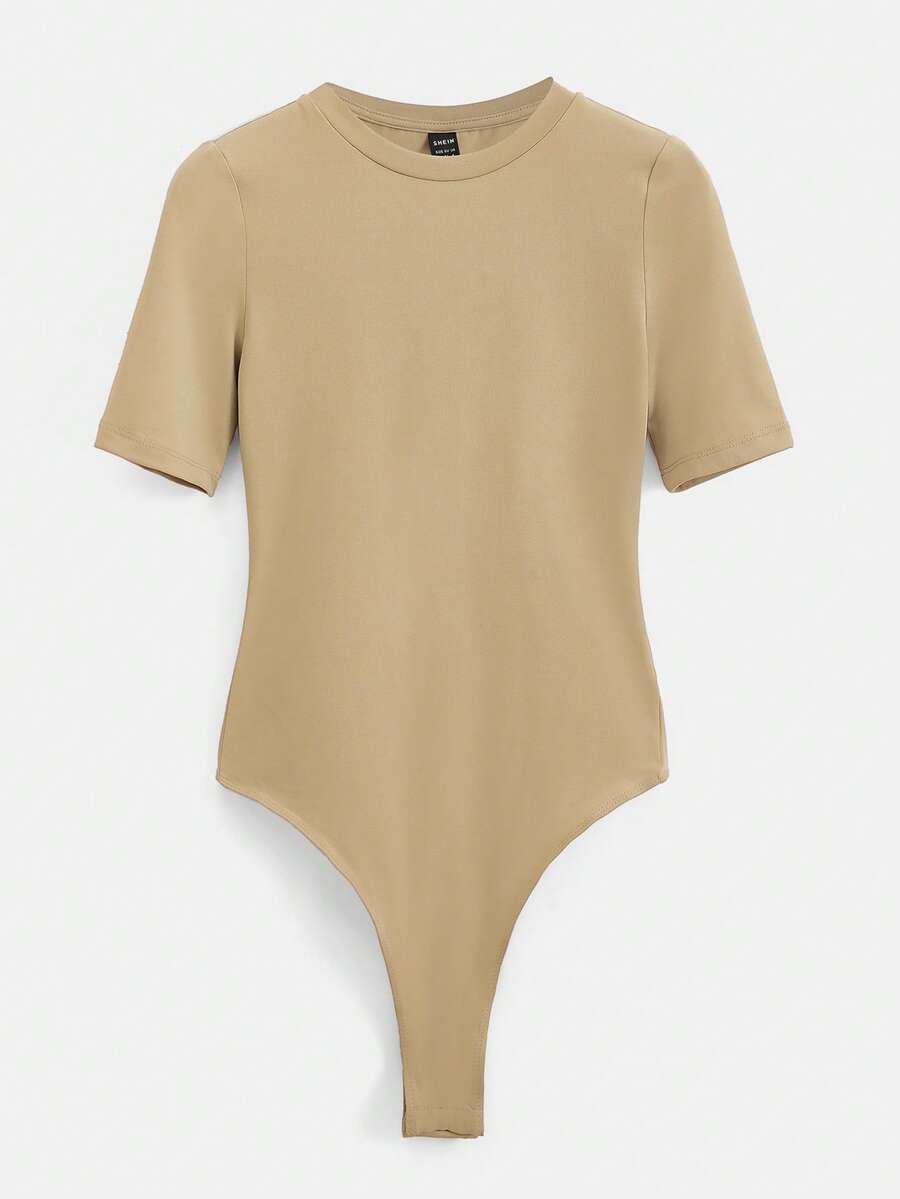 SHEIN BASICS 素色圓領T恤連體衣 - 卡其色 - 查看 1