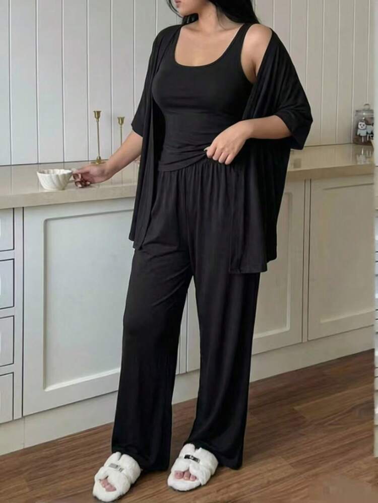 Dazy Plus 3pcs Solid Color Casual Elastic Camisole Cardigan And Long Pants Sleepwear Set, Plus Size Women Spring/Summer