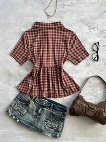 StreetHx Women's Loose Retro Plaid Babydoll Shirt - Brown - View 2