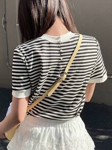 FRIFUL Women's Striped Round Neck Short Sleeve Casual T-Shirt With Button Design At Back - Black - View 1