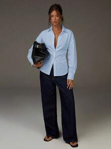 Athîral 女士纯色落肩长袖休闲衬衫，后腰处有打结细节 - 淺藍色 - 查看 4