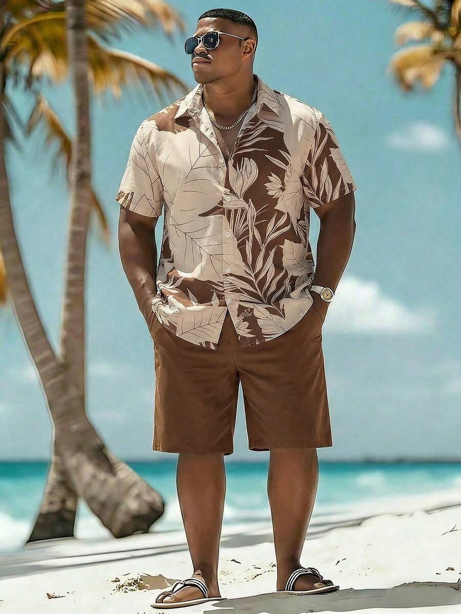 Manfinity RSRT Bộ đồ đi biển cỡ lớn dành cho nam giới, gồm áo sơ mi ngắn tay và quần short in họa tiết cây nhiệt đới. - Nhiều màu - Xem 1