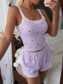 ZzzCrew Bộ đồ ngủ lụa hai dây và quần short màu hồng họa tiết trái tim phối ren gân dành cho nữ - Màu tím - Xem 7