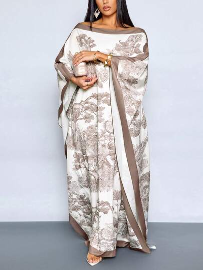 SOLERSUN PLUS SIZE Women's Elegant Cape Shawl Floral Print Shawl Maxi Dress Off-Shoulder BeachLightweight Vacation Evening Gown,Elegant Beige Floral Cape Overlay Maxi Dress Off-Shoulder Formal Cocktail Party Dress