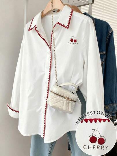 Resyla Women's Casual Cherry Letter Print Contrast Binding Loose Fit Drop Shoulder Long Sleeve Shirt, Suitable For Spring/Autumn, Vacation And Daily Commute