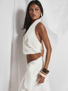 MUSERA 垂褶扭结高领修身弹力下摆上衣，可爱假日性感夜生活度假春夏优雅 Soleil Drape - 杏色 - 查看 5