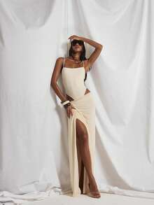 MUSERA Thin Strap Square Neck High Leg Fitted Bodysuit Coord Top Only Cute Holiday Sexy Night Out Vacation Spring Summer Elegant Soleil Drape - Apricot - View 3