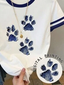 Resyla Áo thun nữ tay ngắn cổ tròn in hình dấu chân động vật, kiểu dáng thường ngày, đa năng. - trắng - Xem 3