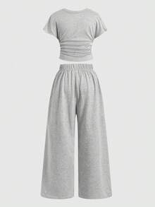 SHEIN Conjunto informal de camiseta y pantalones cortos para niñas - Gris - Ver 2