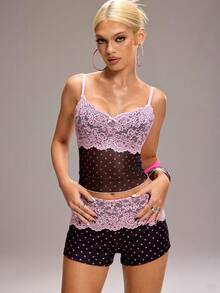 Y2Kool Vecteezy Top de tirantes casual con contraste de lunares en negro y rosa, encaje, malla y lazo, estilo Y2K, adecuado para primavera/verano, fiestas, vacaciones, playa, deportes y uso diario - Rosa - Ver 3