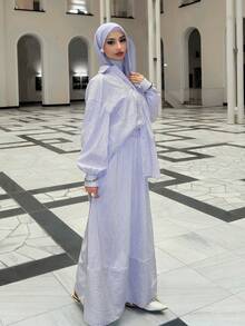 Solavon 女士条纹单排扣长袖上衣和半裙休闲两件套 - 彩色 - 查看 2
