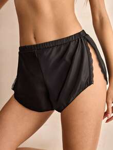 Charlaine Women's Satin Lace Trim White Side-Open Briefs - Black - View 7