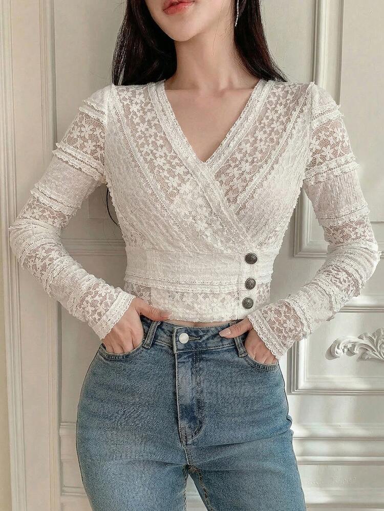 Women's V-Neck Long Sleeve Button Design Elegant Blouse