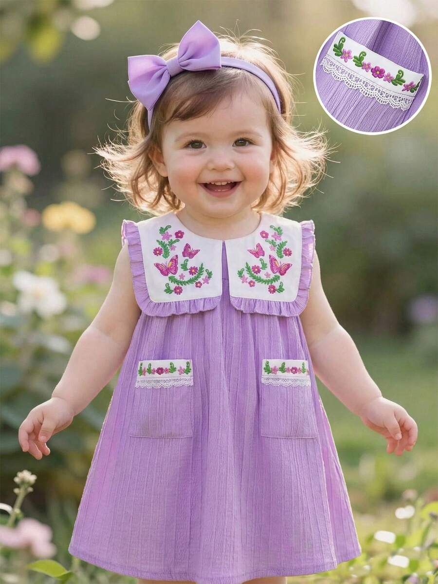 Souflis Souflis Baby Girls' Summer New Arrival Cute Peter Pan Collar Butterfly Print Ruffle Decor Front Pocket Design Open Back Sweet Casual Princess Dress - Purple - View 1