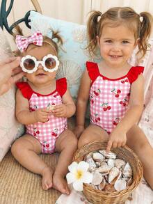 SHEIN 女婴休闲可爱美人鱼印花吊带泳衣，适合夏季穿着 - 彩色 - 查看 1