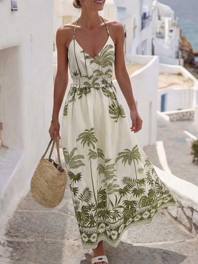 Breezaya Women's Vintage Waist-Cinched A-Line Maxi Dress With Bowknot Spaghetti Strap, Printed Pattern, Backless Design, Suitable For Office, Commute, Business, Casual, Beach, Resort, Afternoon Tea, Street Style, Minimalist, Boho, Spring/Summer