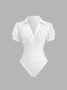 Sweetra French Elegant Lady Design Sense Shirt V-Neck Petal Sleeve Knit Splicing Slim Fit Elegant Sexy Slim Urban Style Women Bodysuit, Summer Short Sleeve - White - View 2