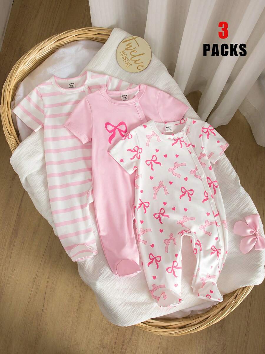 Bộ đồ 3 món mùa xuân/hè cho bé gái sơ sinh: Áo liền quần cổ tròn cài khuy bấm với họa tiết nơ, họa tiết sọc và trái tim, kiểu dáng giản dị và dễ thương. - Nhiều màu - Xem 1