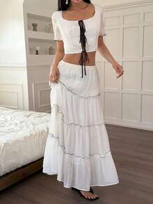 Livesso Bộ 2 món áo dài tay buộc dây phía trước và chân váy midi cho nữ. - trắng - Xem 6