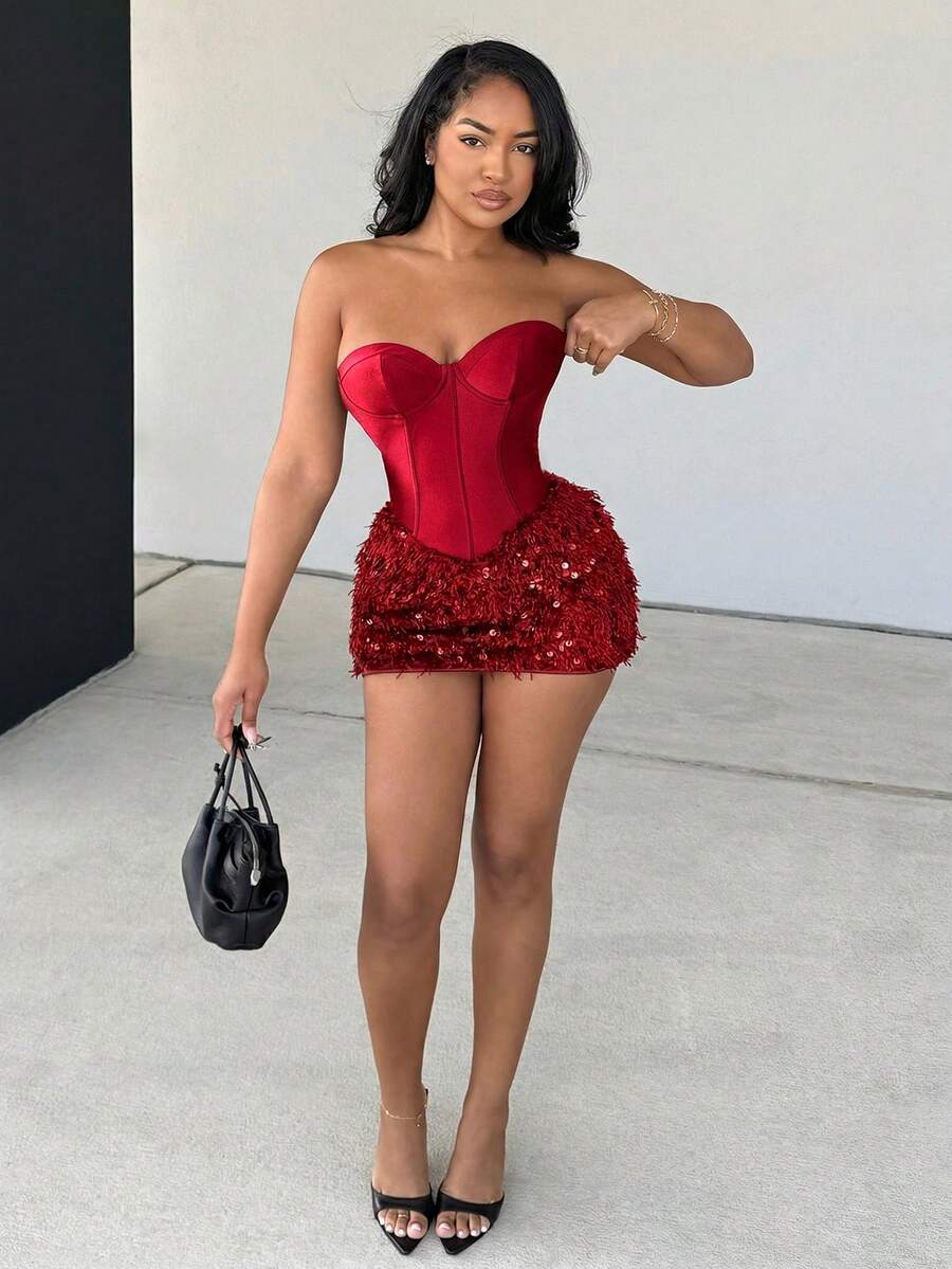 Alexandranx Macacão Bandeau Minimalista de Cor Sólida Feminino - Vinho - Visão 1