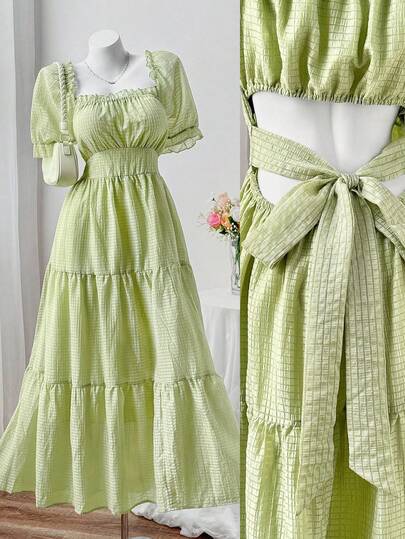 Sweetra 女士休闲镂空方领长款蛋糕裙