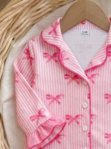 Dozemod Set Piyama Rajut Lembut Lengan Panjang dan Celana, Motif Pita Minimalis Manis untuk Bayi Perempuan, 2 Potong, untuk Bayi Perempuan - MultiWarna - View 5