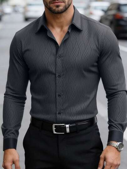 Manfinity Mode Men's Fashion Casual Business Commuting Men's Stand-Up Collar Button Long Sleeve Shirt, Men's Formal Shirt. Suitable For Daily Wear, Commuting To Work, Going Out, Party, Can Be Paired With Suit Pants Or Suit Suits To Attend Parties, Weddings, Honeymoon Scenes. Can Be Given As A Gift To Sons, Husbands, Boyfriends, Fathers, For Fall