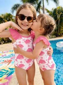 SHEIN Baby Girls' Casual Slim-Fit Aquatic Creature Print One-Piece Swimsuit, Suitable For Summer - Multicolor - View 1