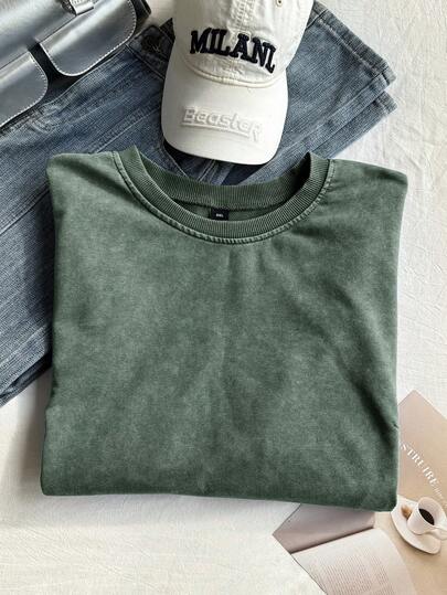 Solflare Áo thun cotton tay ngắn cỡ lớn, họa tiết bông tuyết đã qua xử lý, mùa xuân