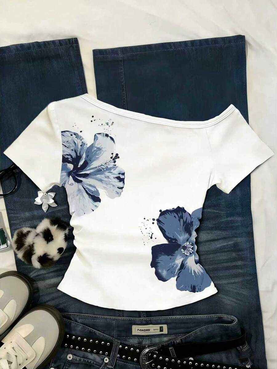 SHEIN 女士印花褶皱不对称肩部休闲百搭日常穿着T恤 - 彩色 - 查看 1