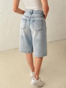 SHEIN Quần jean ngắn nữ cạp thấp màu xanh nhạt, phong cách thường ngày. - Rửa nhẹ - Xem 2