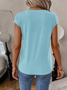 EMERY ROSE Casual Solid Color V-Neck T-Shirt, Versatile For Summer - Baby Blue - View 2