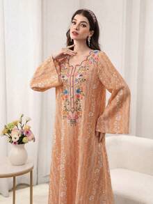 Yasmyna Đầm nữ in hoa kiểu Ả Rập, thích hợp cho tiệc tùng và du lịch. - trái cam - Xem 7