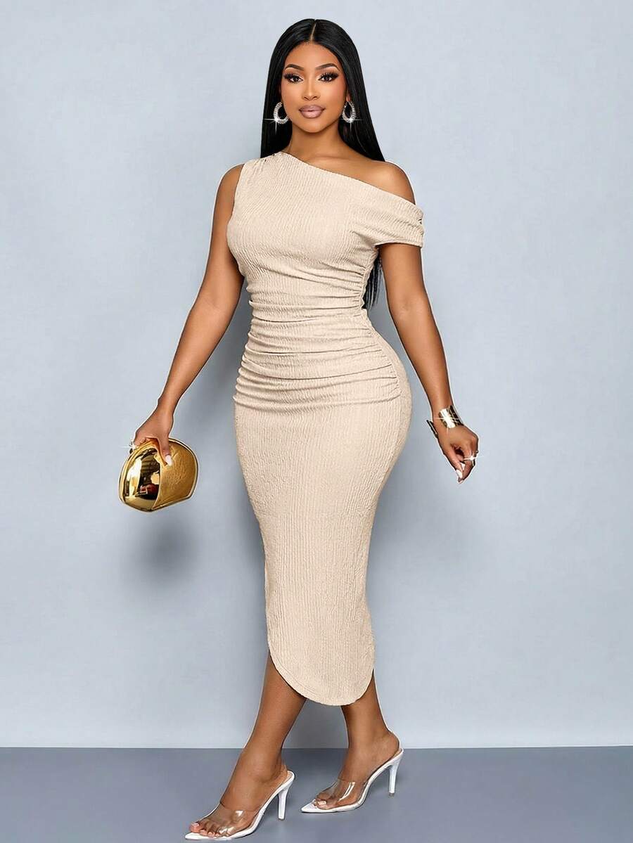 SOLERSUN Rochie elegantă pentru femei, în ton neutru, cu decolteu asimetric, în pliuri, mulată, textură, slim fit, cu tiv asimetric, pentru petrecere, ieșiri de weekend, zile de lucru business-casual, petreceri casual/cocktailuri - Caisă - Vizualizare 1