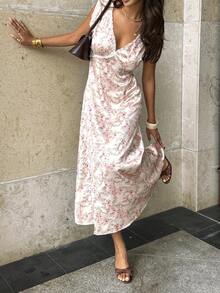 INAWLY Vestido Floral de Decote em V Profundo para Mulheres, Estilo de Férias - Damasco - Visão 3