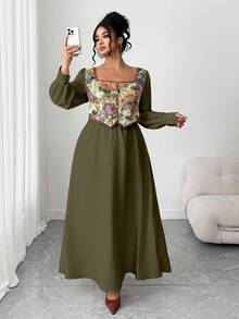 Elenzga Plus Size Women's Vintage French Style Color Block Long Sleeve 2 In 1 Dress, Suitable For Graduation, Holidays, Valentine's Day, Christmas, Music Festivals, Mother's Day, Halloween, Thanksgiving, Easter, National Day, Dances, Dates, Parties, Weddings, Outings - Army Green - View 7