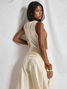 MUSERA Slash Neck Tie Waist Wide Sleeveless Fitted Top Coord Top Only Cute Holiday Sexy Night Out Vacation Spring Summer Elegant Soleil Drape - Yellow - View 2