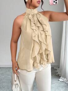Elenzga Plus Size Women's Elegant Round Neck Ruffle Hem Blouse, Spring/Summer - Khaki - View 5