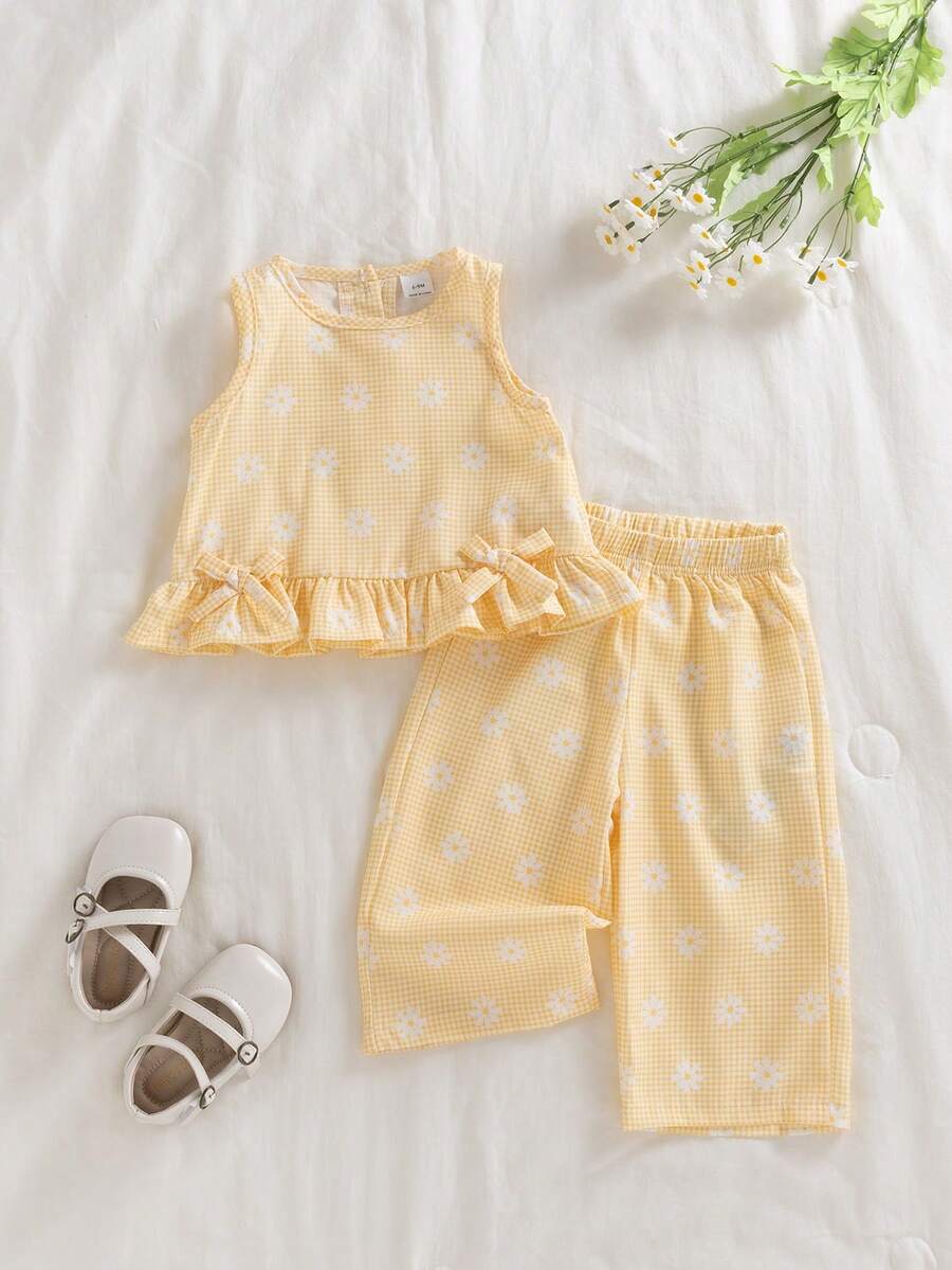 SHEIN Vintaside Kids 两件套女婴夏季时尚简约可爱蓝白格子印花背心上衣,饰有蝴蝶结,搭配同款格子印花裤子,适合户外、上学、旅行穿着。 - 黃色 - 查看 1